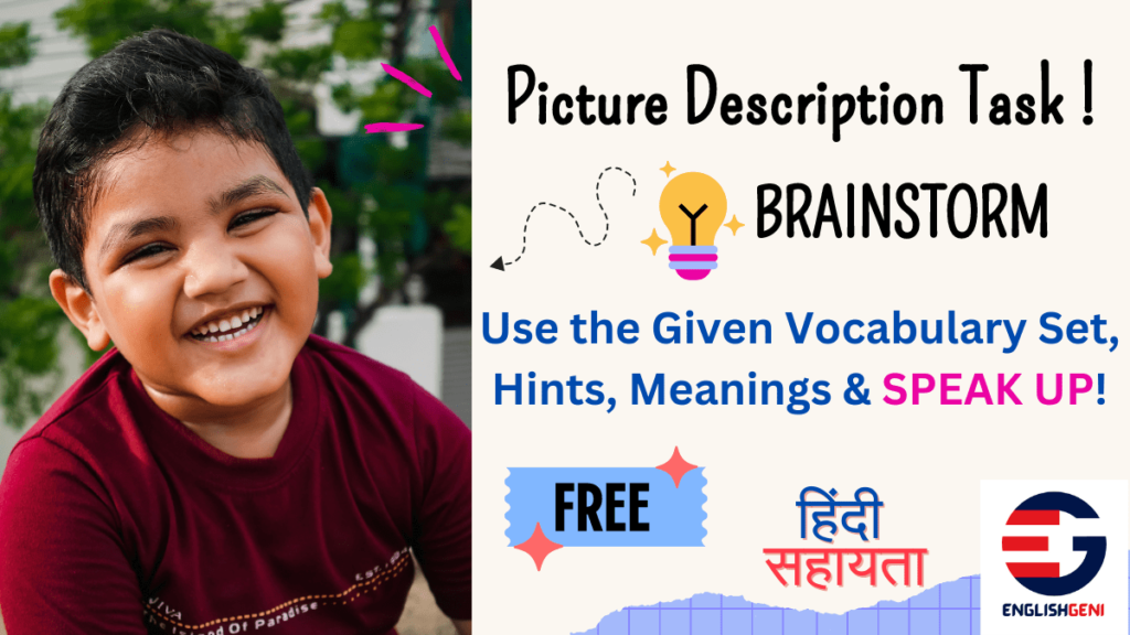 Picture Description for kids on an image of a school boy using the profile hints and suggested vocabulary