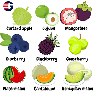 Image for 20 to 25 of 100 Fruits Name in English and Hindi showing blueberry, blackberry, gooseberry, honeydew melon, and mangosteen along with other fruits for interactive learning and practice exercise