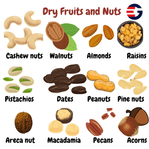 Image for learning dry fruits name in English and Hindi showing dry fruits like almonds, cashews, walnuts, pecans, pine nuts etc., numbered from 72 to 84 of 100 series