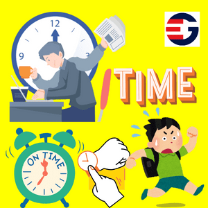 Let's Talk About Time with Short Sentences for Kids using this image showing a mom getting late, kid rushing to school and a clock saying: on time.