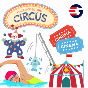 Let's Talk About Outdoor Fun in Simple English Sentences like swimming, fishing, going to a circus with a joker, cinema tickets and a carnival setting.