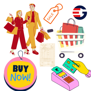 Let's Talk About Shopping with Simple English Sentences for Kids as in this image saying sale, buy now, showing a couple shopping, a shopping cart, a card swiping machine, and a receipt.