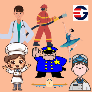 Let's Talk About Big Dreams in Easy Sentences for Kids as in this image showing a doctor, a firefighter, a policeman, a chef, a pilot and a ballerina.