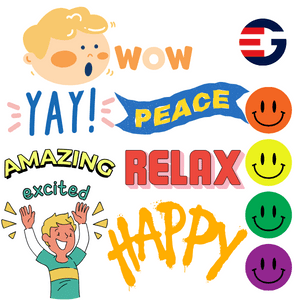 Let's Express Happy Feelings with Simple English Sentences for Kids like happy, relaxed, amazing, excited, yay, wow, and peaceful.