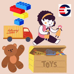 Let's Talk About Playtime with10 Simple Sentences for Kids as in this image of a teddy bear, a truck, Lego blocks, a girl with two dolls and a big toy box.