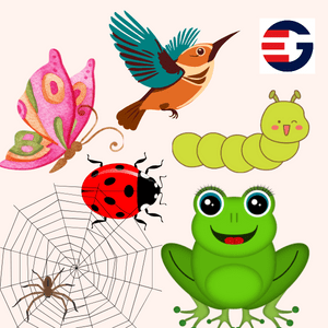 Let's Talk About Bugs and Creatures in 10 Simple Sentences for Kids as in this image of a spider in a net, a butterfly, a caterpillar, a bird, a frog, and a ladybug.