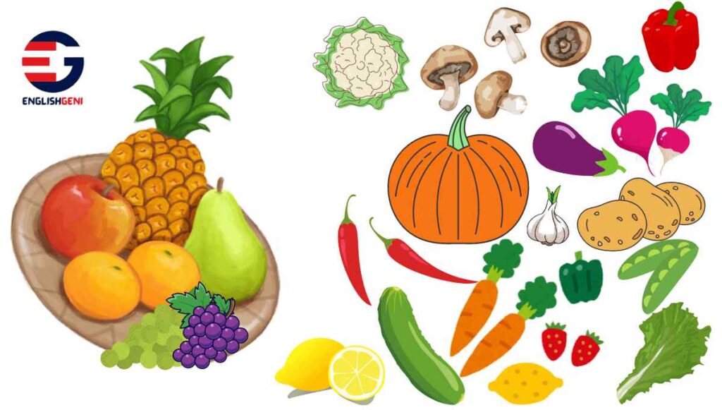 Picture Composition For Class 2 with several activities on a variety of fruits and vegetables in the image.