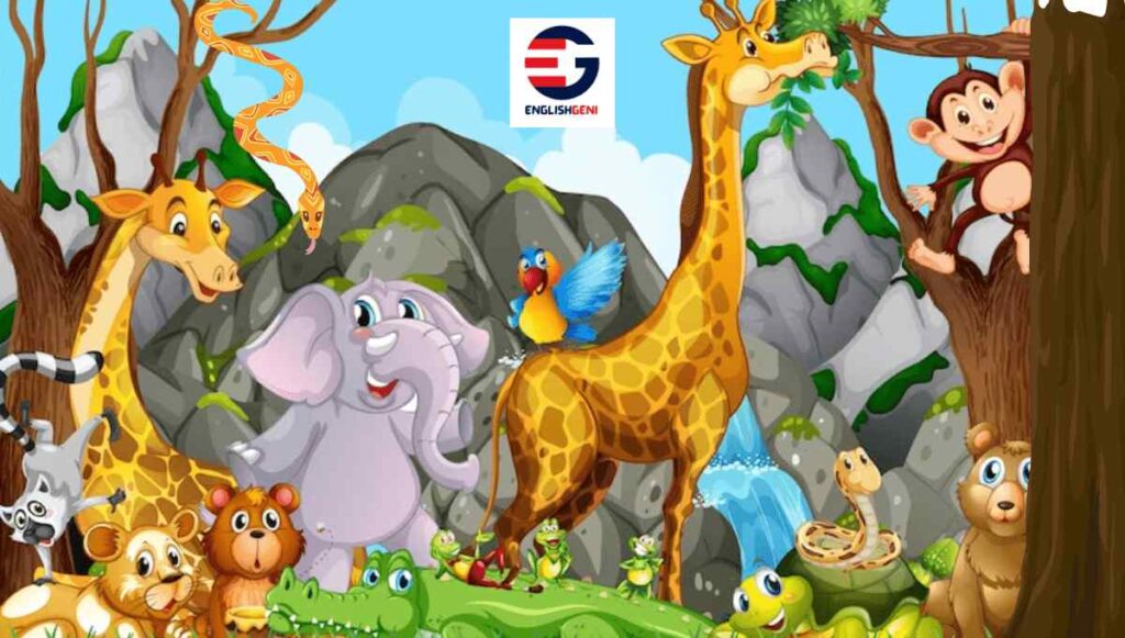 Picture Composition For Class 2 with several animals in a jungle. Image by Freepik.