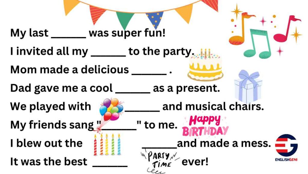 Picture Composition For Class 2 with FIB with hints for each blank on birthday celebration theme.