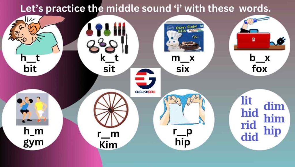 3 letter words for kids worksheets with 8 pictures to practice FIBs with 'i' sound in the middle.