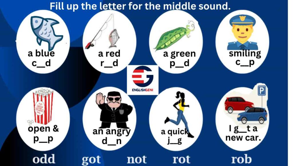 3 letter words for kids worksheets with 8 pictures to practice FIBs with 'O' sound in the middle.