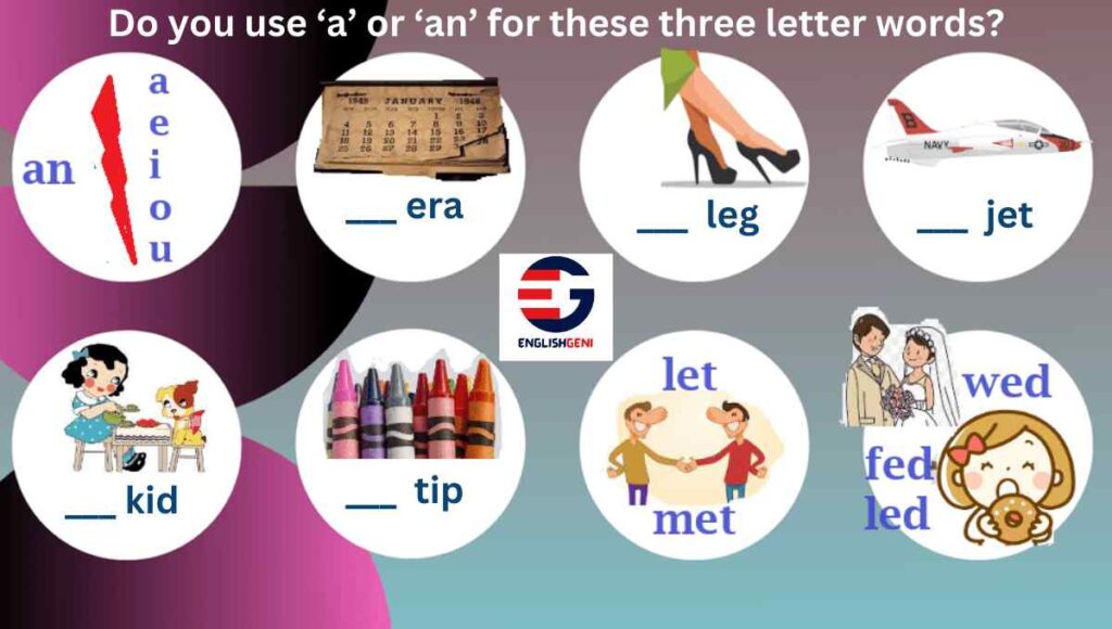 3 letter words for kids worksheets with 8 pictures to practice a or an articles.