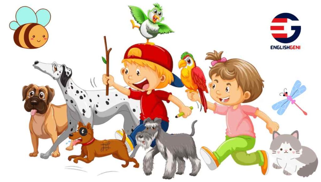 Picture composition for class 4 with an image of kids running around with different animals.