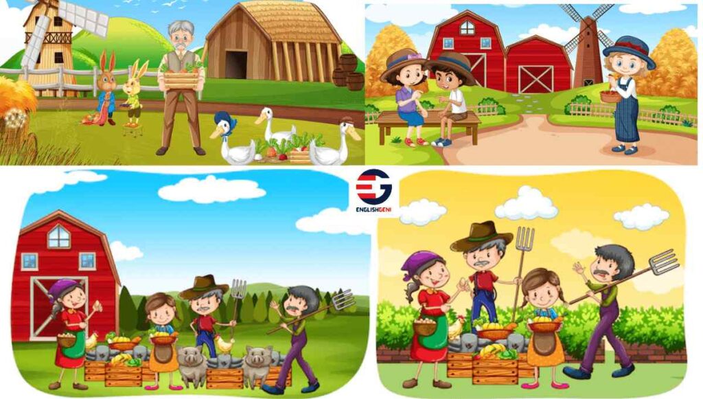 Picture Composition for Class 5 task 2 with four farm life scenarios depicted in the image