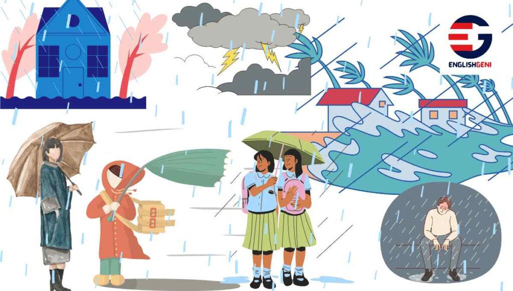 Picture Composition for Class 5 task 1 with four stormy scenarios depicted in the image