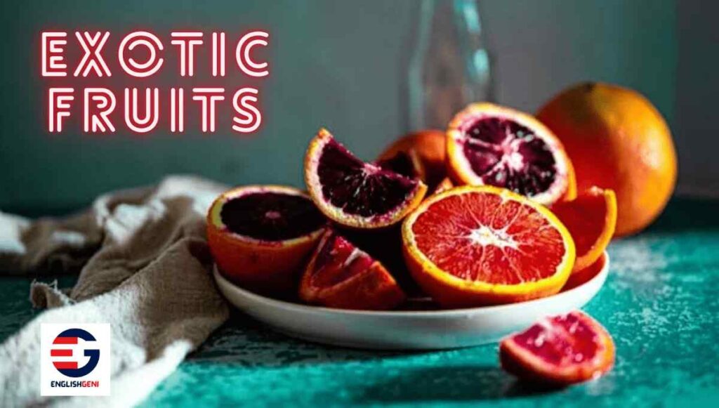 Exotic fruits, blood orange, grapefruit with other fruit.