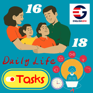 Learning Stops on Gameboard reaching 16 and 18 for Family Life, and Daily routines topics in English Sentences with Hindi Meaning