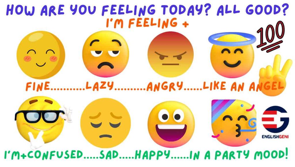 Image based activity for How Are You Feeling Today as learner chooses from 8 emoticons the current mood, associated language.