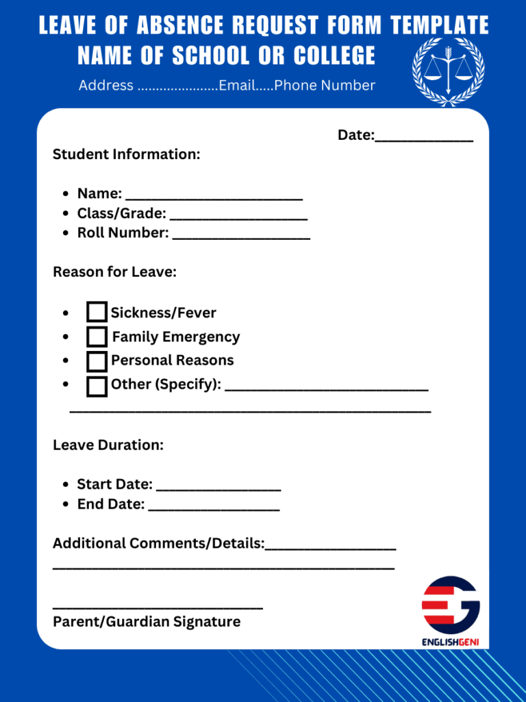 Leave letter form template or leave of absence request form template