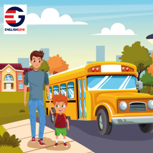 Picture composition for class 3 on topic, my school bus, with image of kid off the school bus and being picked up by father at the kerb